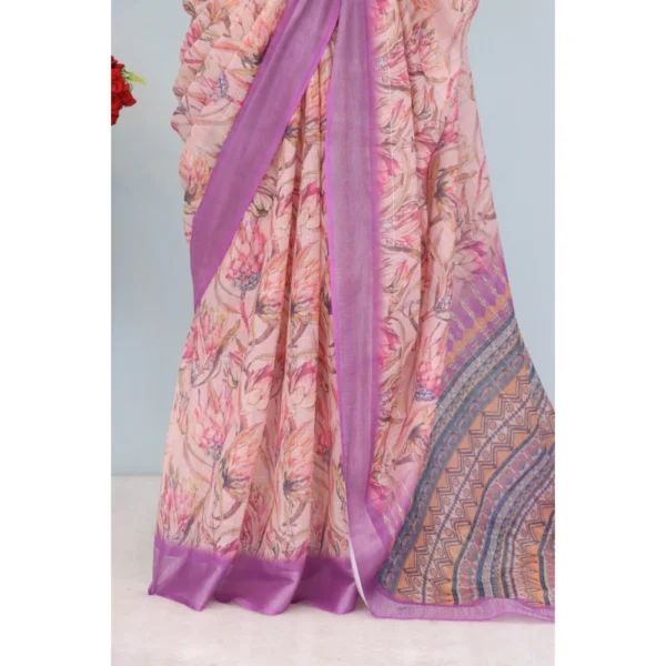 Generic Women's Linen Digital Print Saree With Unstitched Blouse 5.5Mtr (Purple) - Image 3