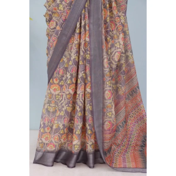Generic Women's Linen Digital Print Saree With Unstitched Blouse 5.5Mtr (Grey) - Image 3