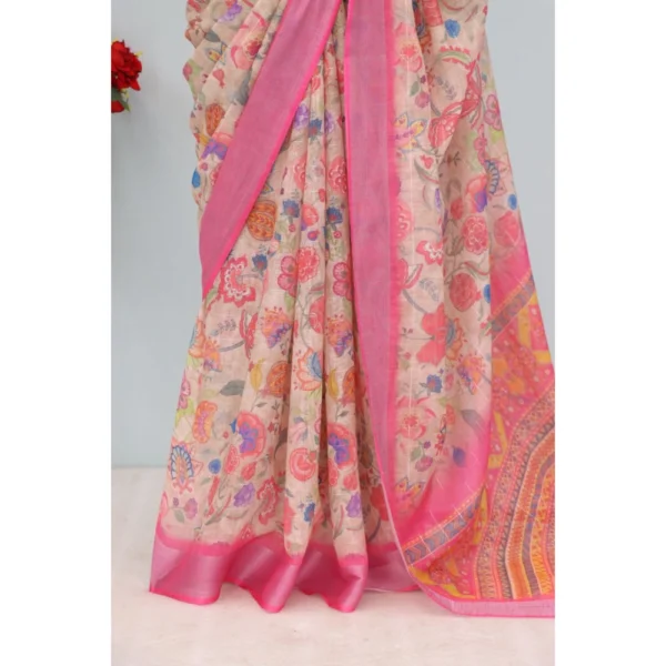 Generic Women's Linen Digital Print Saree With Unstitched Blouse 5.5Mtr (Pink) - Image 3