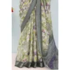 Generic Women's Linen Digital Print Saree With Unstitched Blouse 5.5Mtr (Green) - Image 3