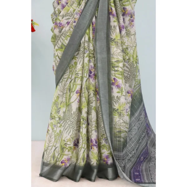 Generic Women's Linen Digital Print Saree With Unstitched Blouse 5.5Mtr (Green) - Image 3