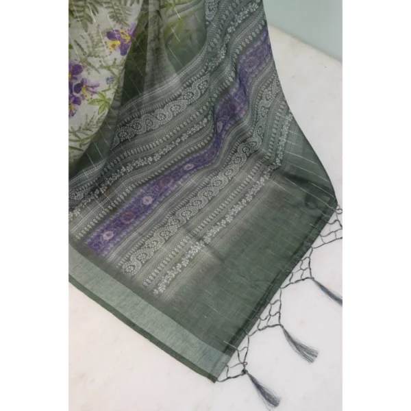 Generic Women's Linen Digital Print Saree With Unstitched Blouse 5.5Mtr (Green) - Image 2