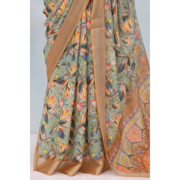 Generic Women's Linen Digital Print Saree With Unstitched Blouse 5.5Mtr (Beige) - Image 3