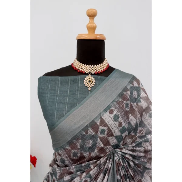 Generic Women's Linen Digital Print Saree With Unstitched Blouse 5.5Mtr (Grey) - Image 4