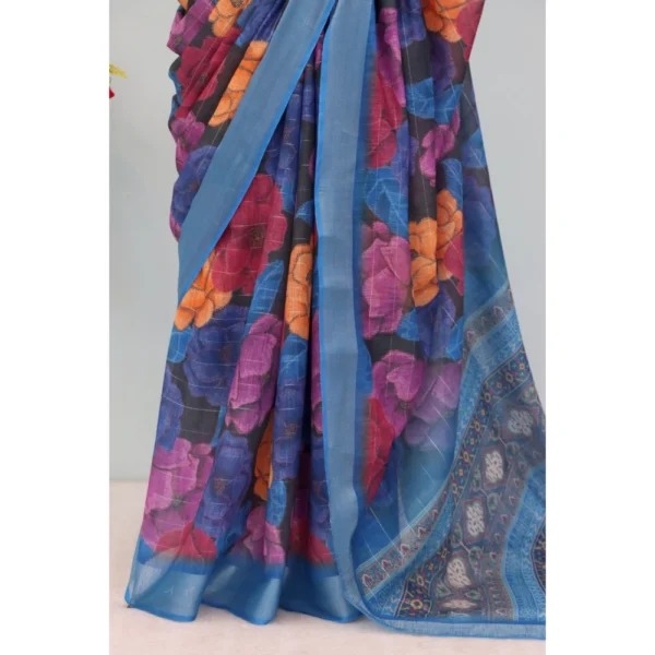 Generic Women's Linen Digital Print Saree With Unstitched Blouse 5.5Mtr (Blue) - Image 3