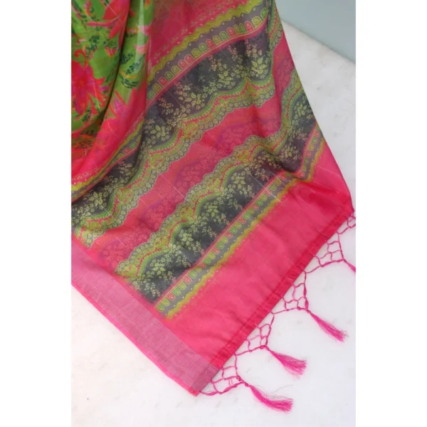 Generic Women's Linen Digital Print Saree With Unstitched Blouse 5.5Mtr (Green) - Image 2