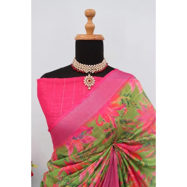 Generic Women's Linen Digital Print Saree With Unstitched Blouse 5.5Mtr (Green) - Image 4