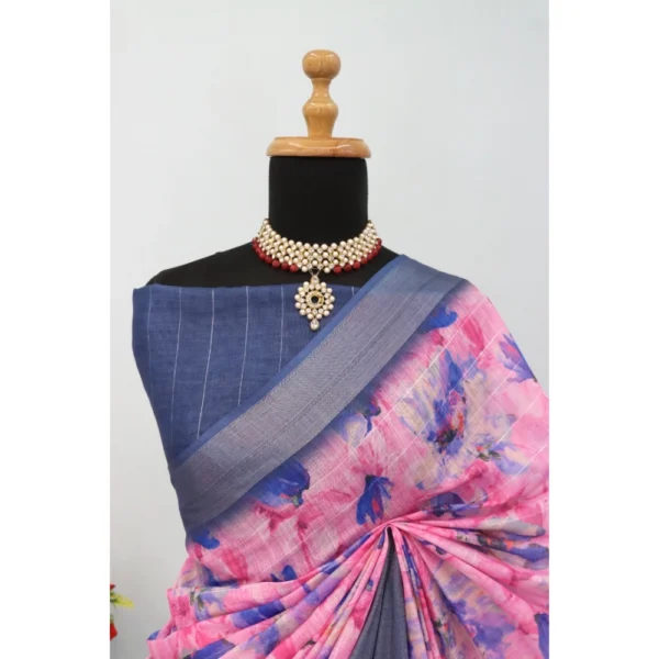 Generic Women's Linen Digital Print Saree With Unstitched Blouse 5.5Mtr (Multicolor) - Image 4