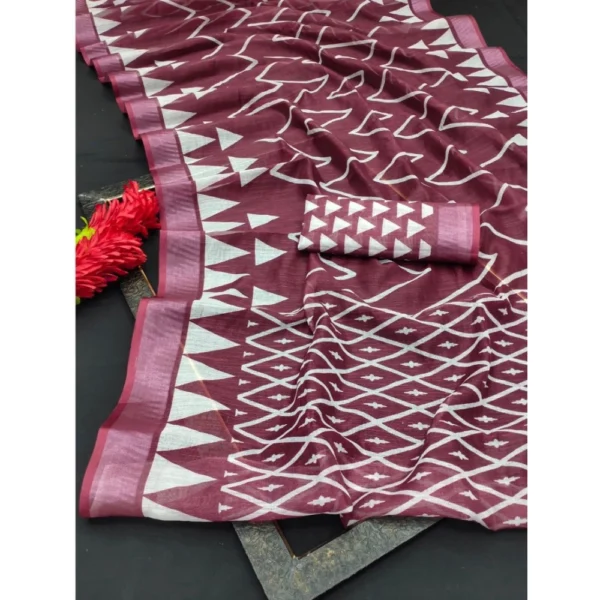 Generic Women's Cotton Linen Woven Design Saree With Unstitched Blouse 5.5Mtr (Maroon) - Image 2