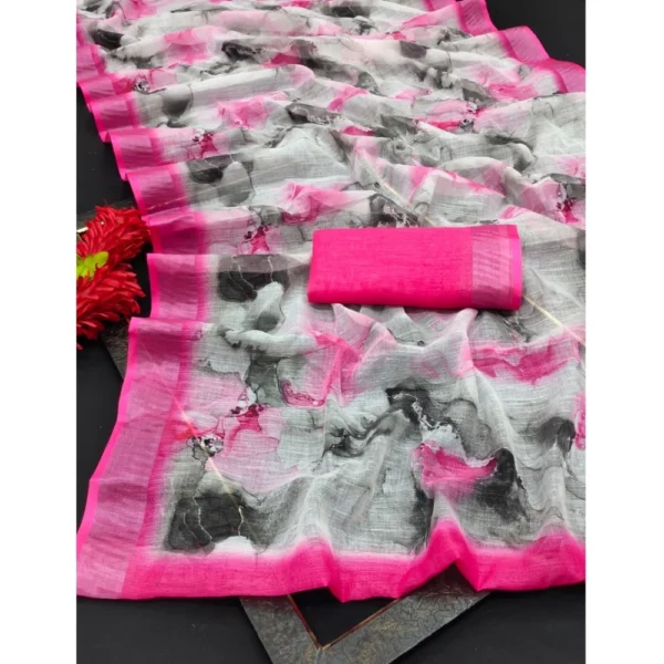 Generic Women's Cotton Linen Woven Design Saree With Unstitched Blouse 5.5Mtr (Pink) - Image 3