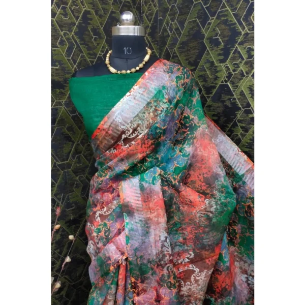 Generic Women's Cotton Linen Woven Design Saree With Unstitched Blouse 5.5Mtr (Green) - Image 3