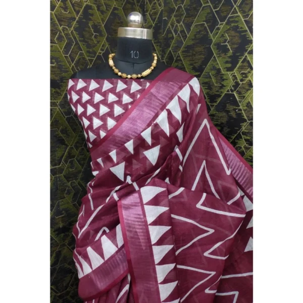 Generic Women's Cotton Linen Woven Design Saree With Unstitched Blouse 5.5Mtr (Maroon) - Image 3