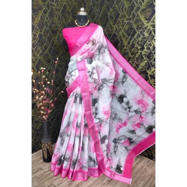 Generic Women's Cotton Linen Woven Design Saree With Unstitched Blouse 5.5Mtr (Pink)