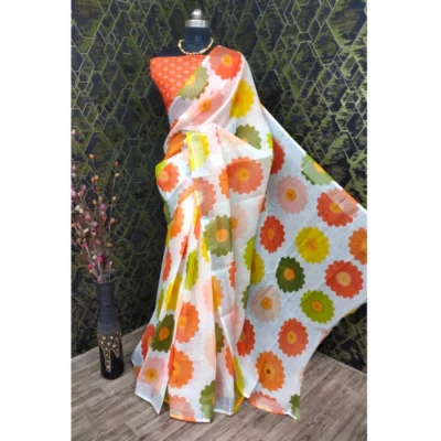 Generic Women's Cotton Linen Woven Design Saree With Unstitched Blouse 5.5Mtr (Orange)