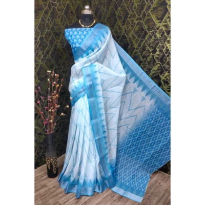 Generic Women's Cotton Linen Woven Design Saree With Unstitched Blouse 5.5Mtr (Sky Blue)