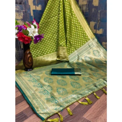 Women's Banarasi Silk Printed Saree With Unstitched Blouse 5.5Mtr (Green)