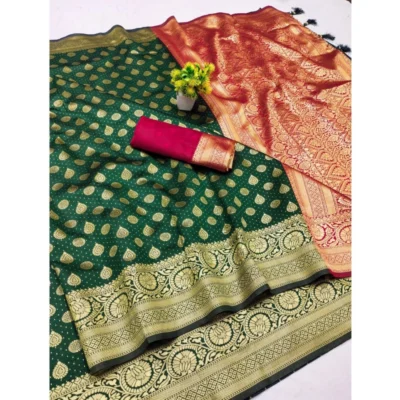 Women's Banarasi Silk Printed Saree With Unstitched Blouse 5.5Mtr (Green)