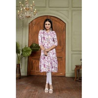 Women's Cotton Blended Printed 3/4th Sleeve Collar Neck Kurti (Purple)