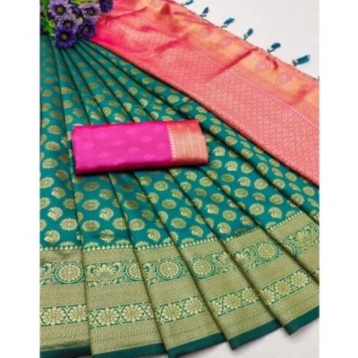 Women's Banarasi Silk Printed Saree With Unstitched Blouse 5.5Mtr (Green)