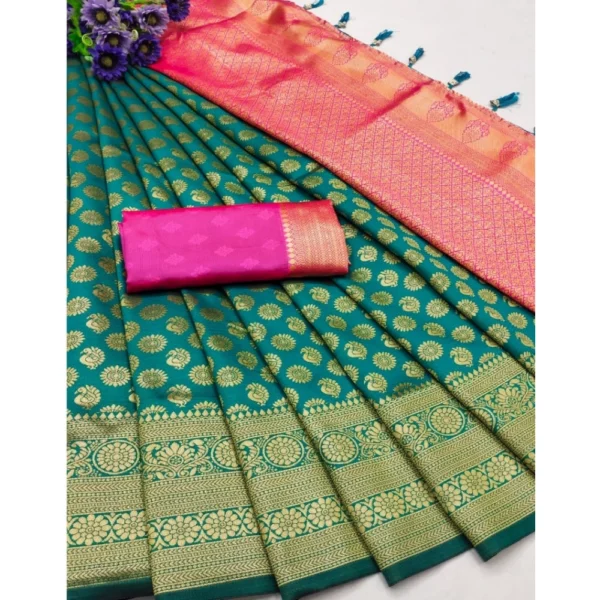 Women's Banarasi Silk Printed Saree With Unstitched Blouse 5.5Mtr (Green)