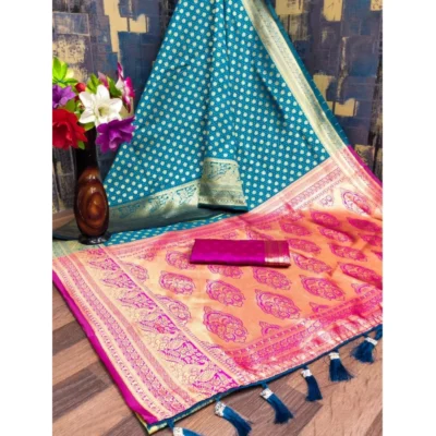 Women's Banarasi Silk Printed Saree With Unstitched Blouse 5.5Mtr (Blue)