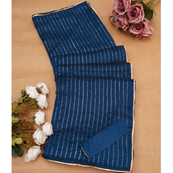 Women's Vichitra Silk Striped Saree With Unstitched Blouse 5.5Mtr (Blue) - Image 2