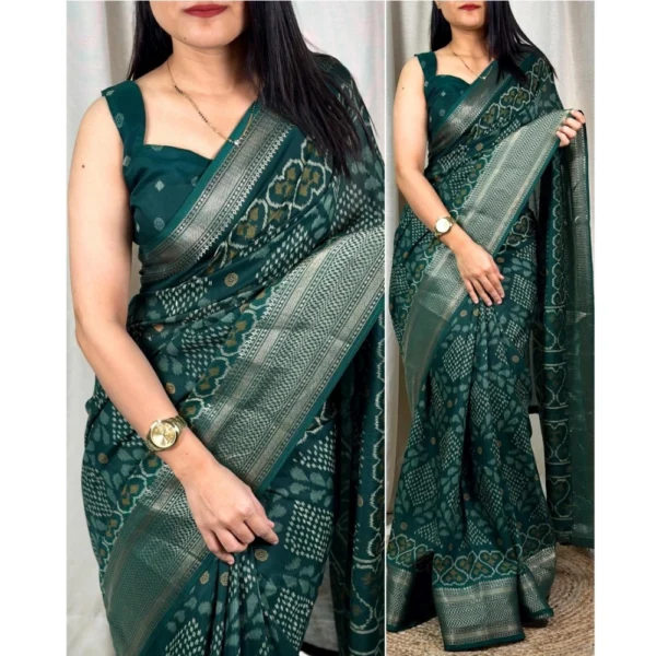 Women's Dola Silk Printed Saree With Unstitched Blouse 5.5Mtr (Green) - Image 2