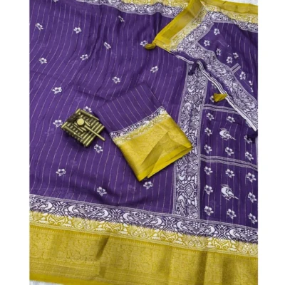 Women's Cotton Silk Printed Saree With Unstitched Blouse 5.5Mtr (Purple)