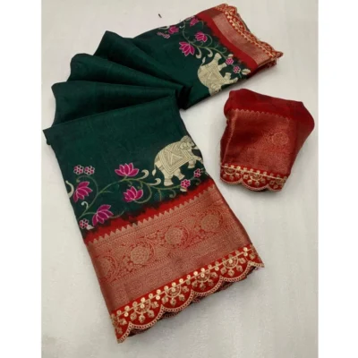 Women's Dola Silk Printed Saree With Unstitched Blouse 5.5Mtr (Green)