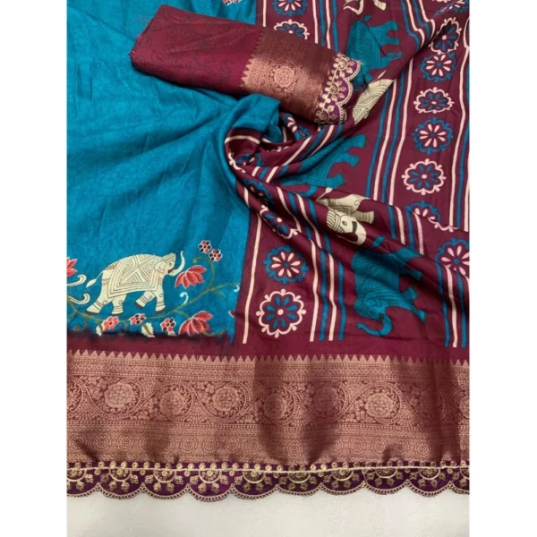 Women's Dola Silk Printed Saree With Unstitched Blouse 5.5Mtr (Blue) - Image 2