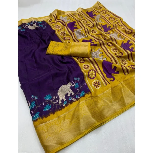 Women's Dola Silk Printed Saree With Unstitched Blouse 5.5Mtr (Purple) - Image 2