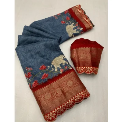 Women's Dola Silk Printed Saree With Unstitched Blouse 5.5Mtr (Grey)