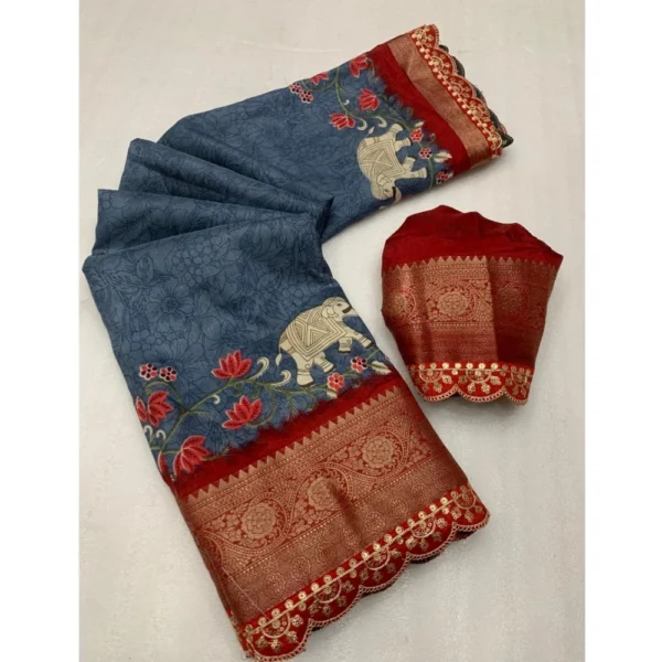 Women's Dola Silk Printed Saree With Unstitched Blouse 5.5Mtr (Grey)