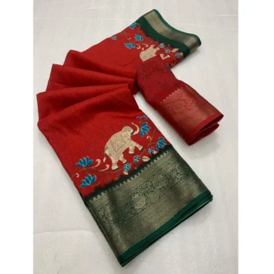 Women's Dola Silk Printed Saree With Unstitched Blouse 5.5Mtr (Red)