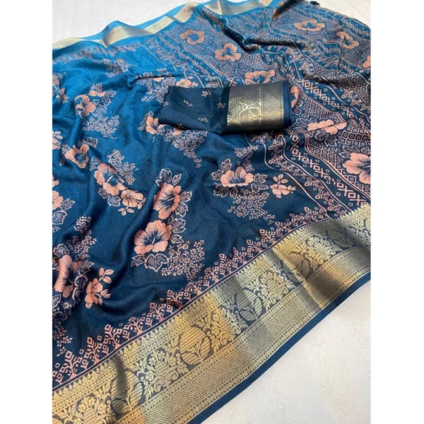 Women's Jacquard Printed Saree With Unstitched Blouse 5.5Mtr (Blue) - Image 2