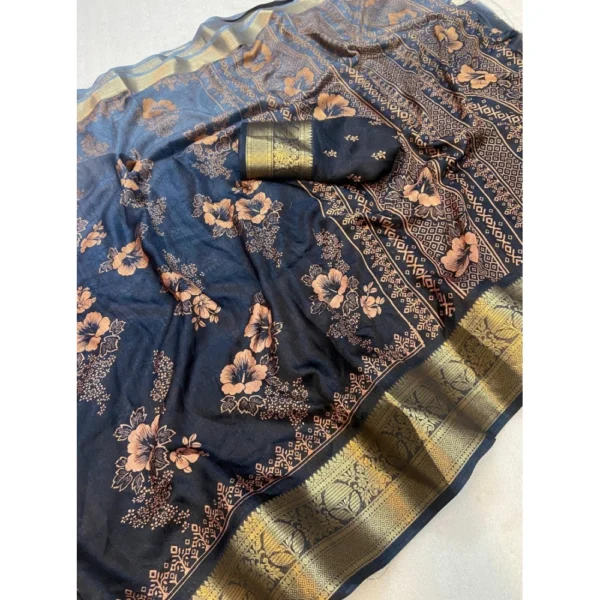 Women's Jacquard Printed Saree With Unstitched Blouse 5.5Mtr (Grey) - Image 2