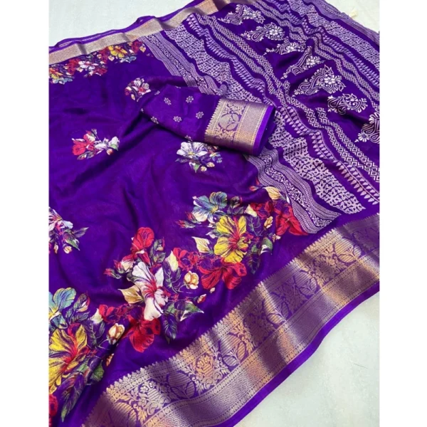 Women's Jacquard Printed Saree With Unstitched Blouse 5.5Mtr (Purple) - Image 2