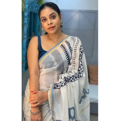 Women's Pure Chanderi Printed Saree With Unstitched Blouse 5.5Mtr (White)