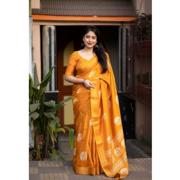 Women's Cotton Crape Printed Saree With Unstitched Blouse 5.5Mtr (Yellow) - Image 2