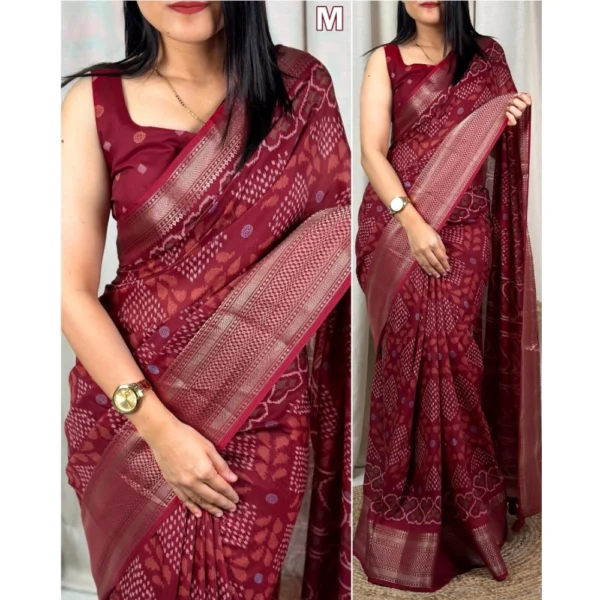 Women's Dola Silk Printed Saree With Unstitched Blouse 5.5Mtr (Maroon) - Image 2