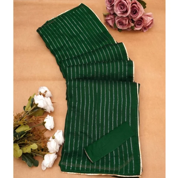 Women's Vichitra Silk Striped Saree With Unstitched Blouse 5.5Mtr (Green) - Image 2