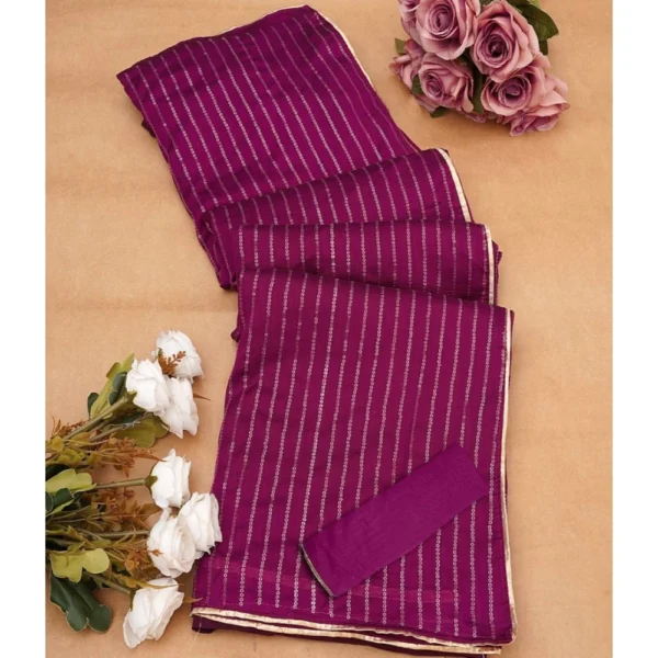 Women's Vichitra Silk Striped Saree With Unstitched Blouse 5.5Mtr (Purple) - Image 2