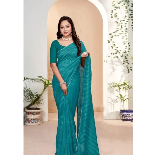 Women's Vichitra Silk Striped Saree With Unstitched Blouse 5.5Mtr (Sky Blue)
