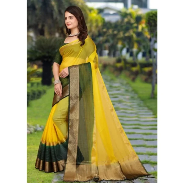 Women's Khadi Cotton  Solid Saree With Unstitched Blouse 5.5Mtr (Yellow) - Image 2