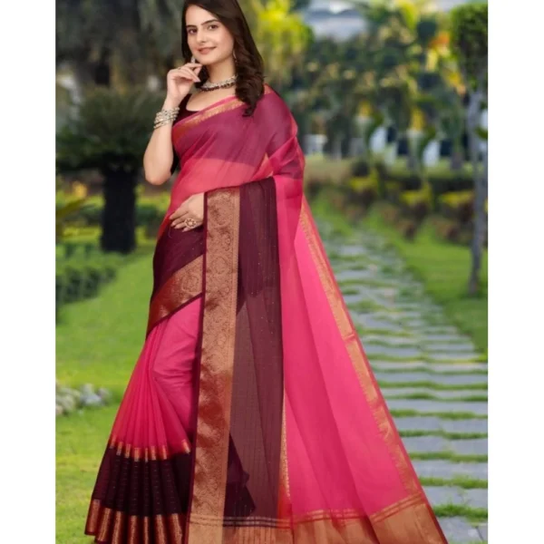 Women's Khadi Cotton  Solid Saree With Unstitched Blouse 5.5Mtr (Pink) - Image 2