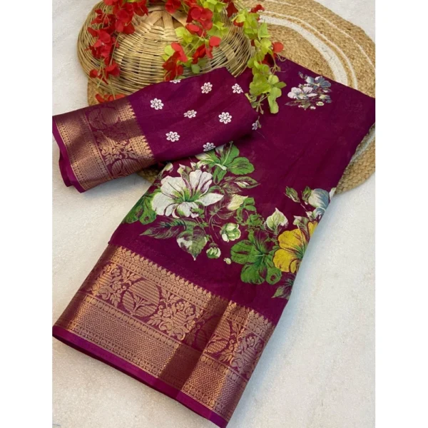 Women's Jacquard Printed Saree With Unstitched Blouse 5.5Mtr (Wine)