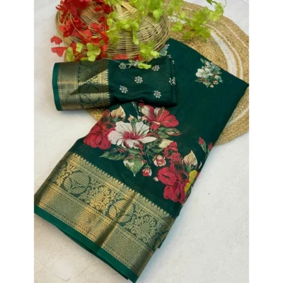 Women's Jacquard Printed Saree With Unstitched Blouse 5.5Mtr (Green)