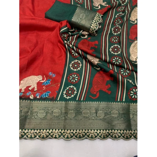 Women's Dola Silk Printed Saree With Unstitched Blouse 5.5Mtr (Red) - Image 2
