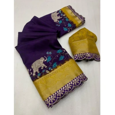 Women's Dola Silk Printed Saree With Unstitched Blouse 5.5Mtr (Purple)