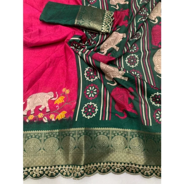 Women's Dola Silk Printed Saree With Unstitched Blouse 5.5Mtr (Pink) - Image 2